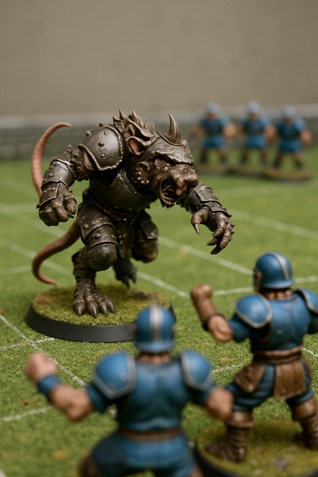 Rat humanoid engaging in conflict with humans in a field.