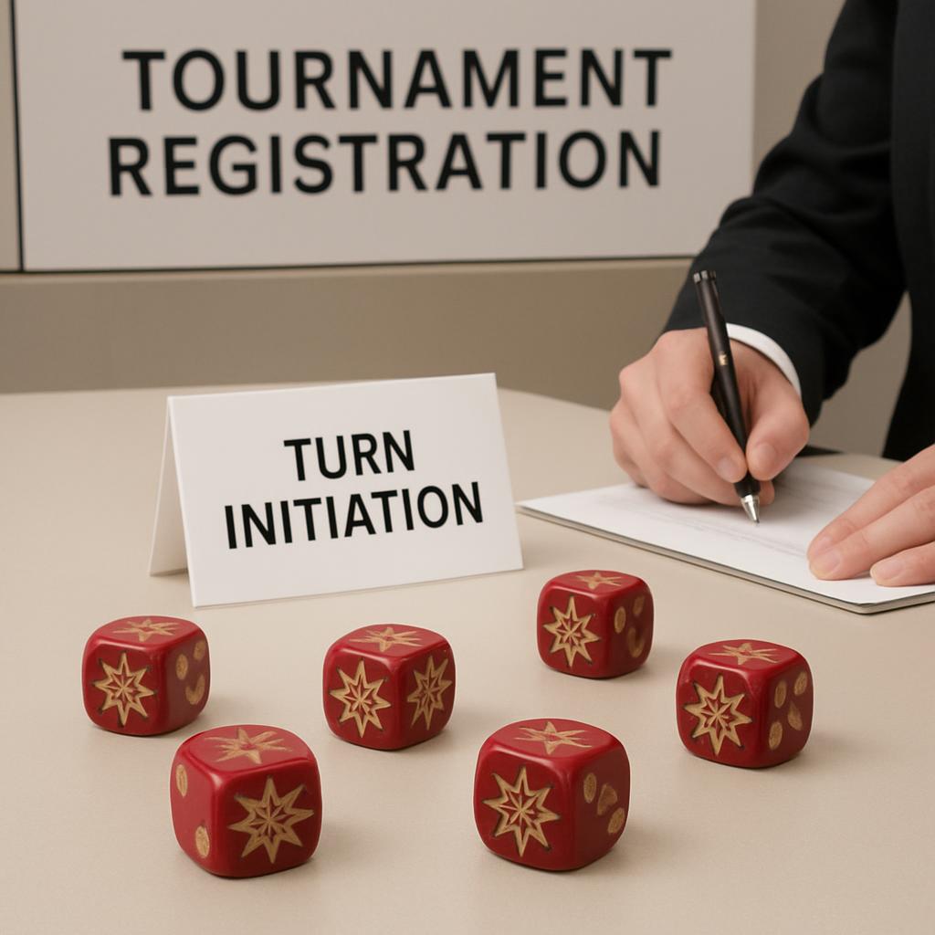 The image shows a person registering for a tournament with dice representing a game.